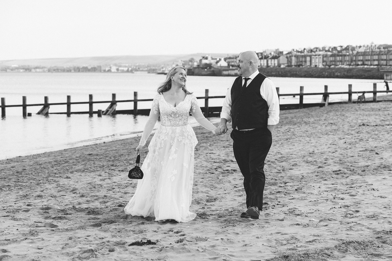 black and white edinburgh elopement wedding photography, Portobello Beach