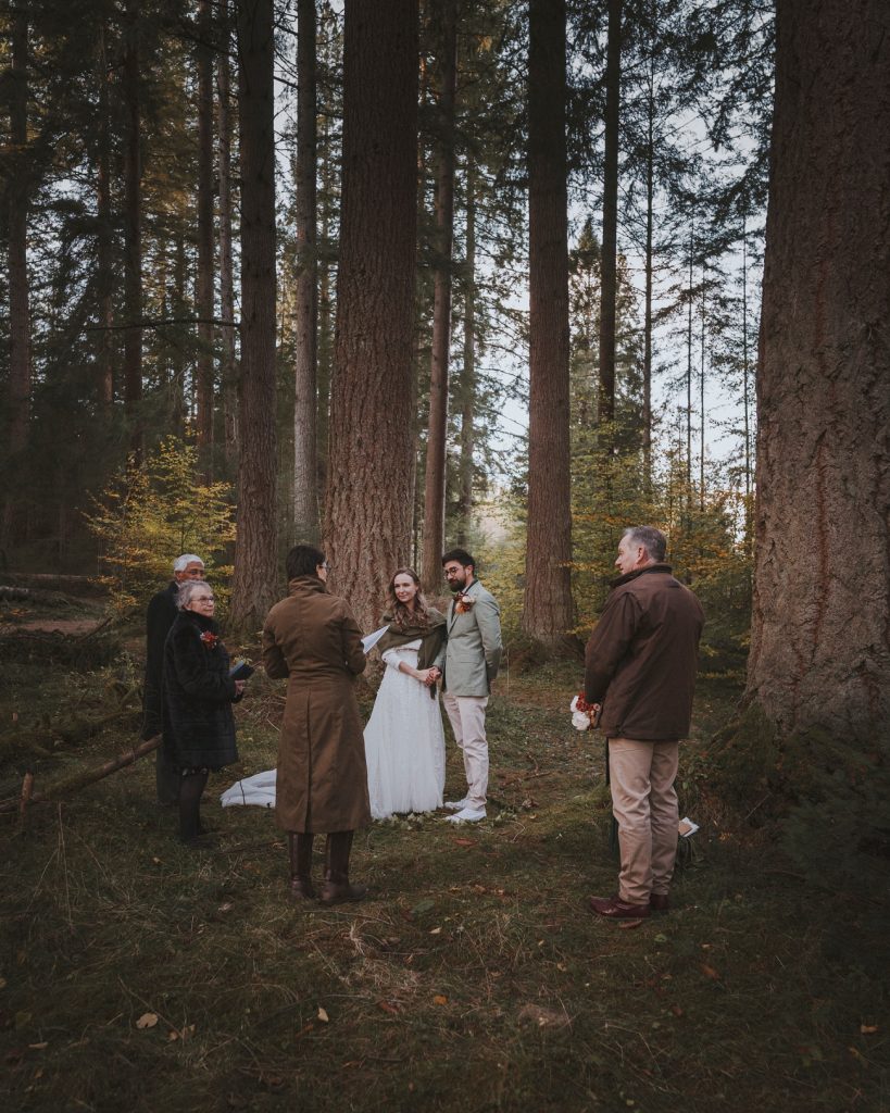 wedding couple during a woodland ceremony, the hermitage wedding photography